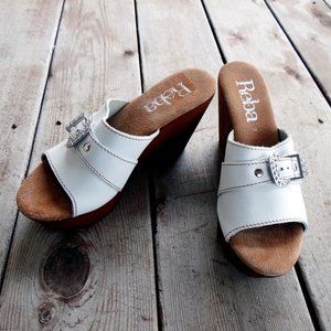 REBA White Leather & Faux Wood Platform Shoes with Rhinestone Buckle Size 7